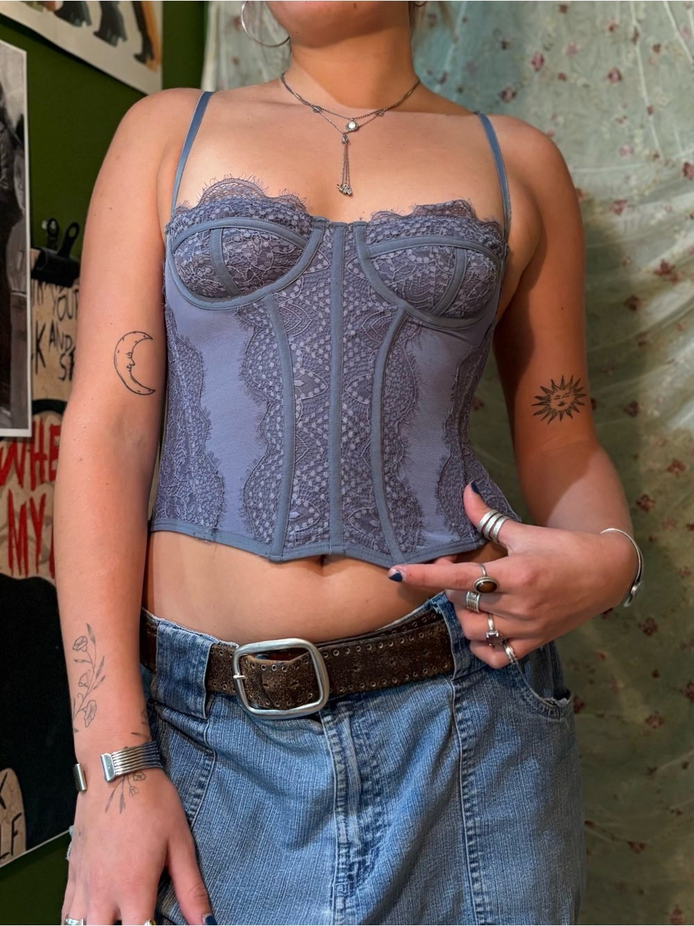 Urban Outfitters Lace Corset Crop Top in Dusky Blue